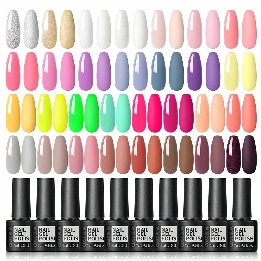 coscelia Set de 30 esmaltes de uñas de gel de 7 ml con colores fluorescentes - Juego de diseño de uñas con pintura de gel semipermanente para manicura y salón de uñas - Multicolor - Ver 1