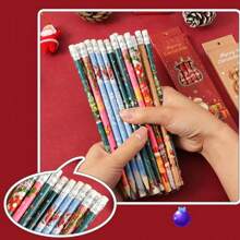 6pcs/Box Popular Christmas Cartoon Pencils With Pencil Case, Erasers Included, Christmas Gifts