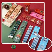 6pcs/Box Popular Christmas Cartoon Pencils With Pencil Case, Erasers Included, Christmas Gifts