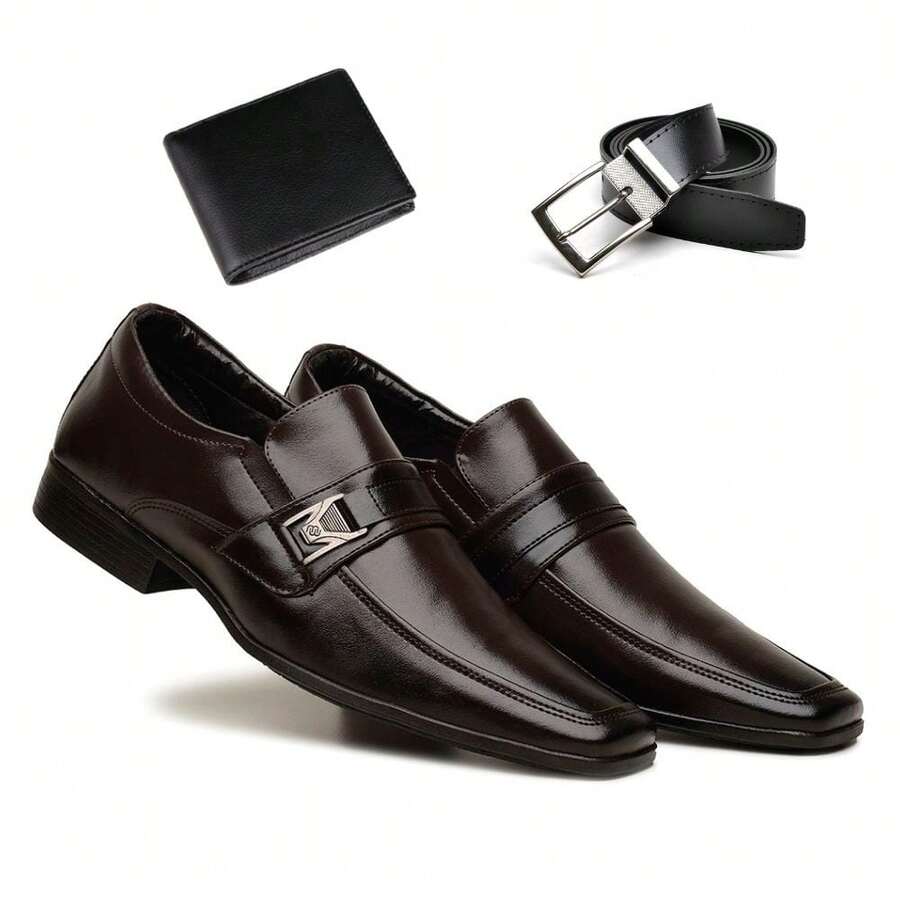 Men's Dress Shoes Kit Comfort Sport Thin Soft Elegant Casual + Belt And Wallet - 咖啡棕 - 查看 1