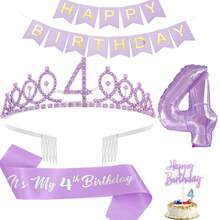 Un set de regalo de cumpleaños de 6 piezas para mujeres de 4, 5, 6, 7, 8, 9 y 10 años, que incluye una corona de cumpleaños, un cinturón, un adorno para tarta, velas de cumpleaños, globos de papel de aluminio y una pancarta de "Feliz Cumpleaños". Decoraciones de cumpleaños para damas, suministros para fiestas de cumpleaños (Púrpura) - Morado - Ver 19