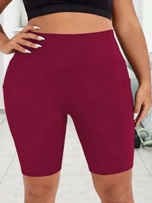 Plus Size Women Crescent Moon Pocket Yoga Pants, Elastic Soft Cycling Shorts, Everyday Bermuda Shorts - Burgundy - View 3
