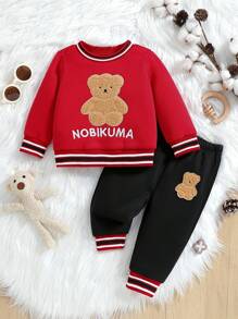 Baby Boys' Teddy Bear Ribbed Sweatshirt And Pants 2pcs Daily Outfit - Multicolor - View 1