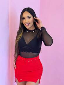 Body Luxury De Tulê Manga Longa Gola Alta acompanha crooped de renda abaixo