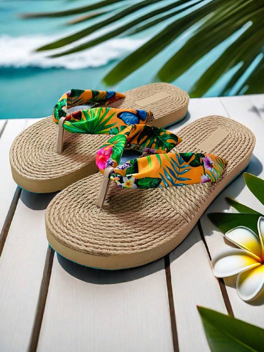 Women's Anti-Slip Flower Patterned Flip-Flops, Ladies' Summer Vacation Beach Slippers, Women's Sandals Summer Casual Vacation Slides, Summer Women's Flat Sandals, Printed Woven Bohemian Style Flip-Flops, Ladies' Flat Sandals