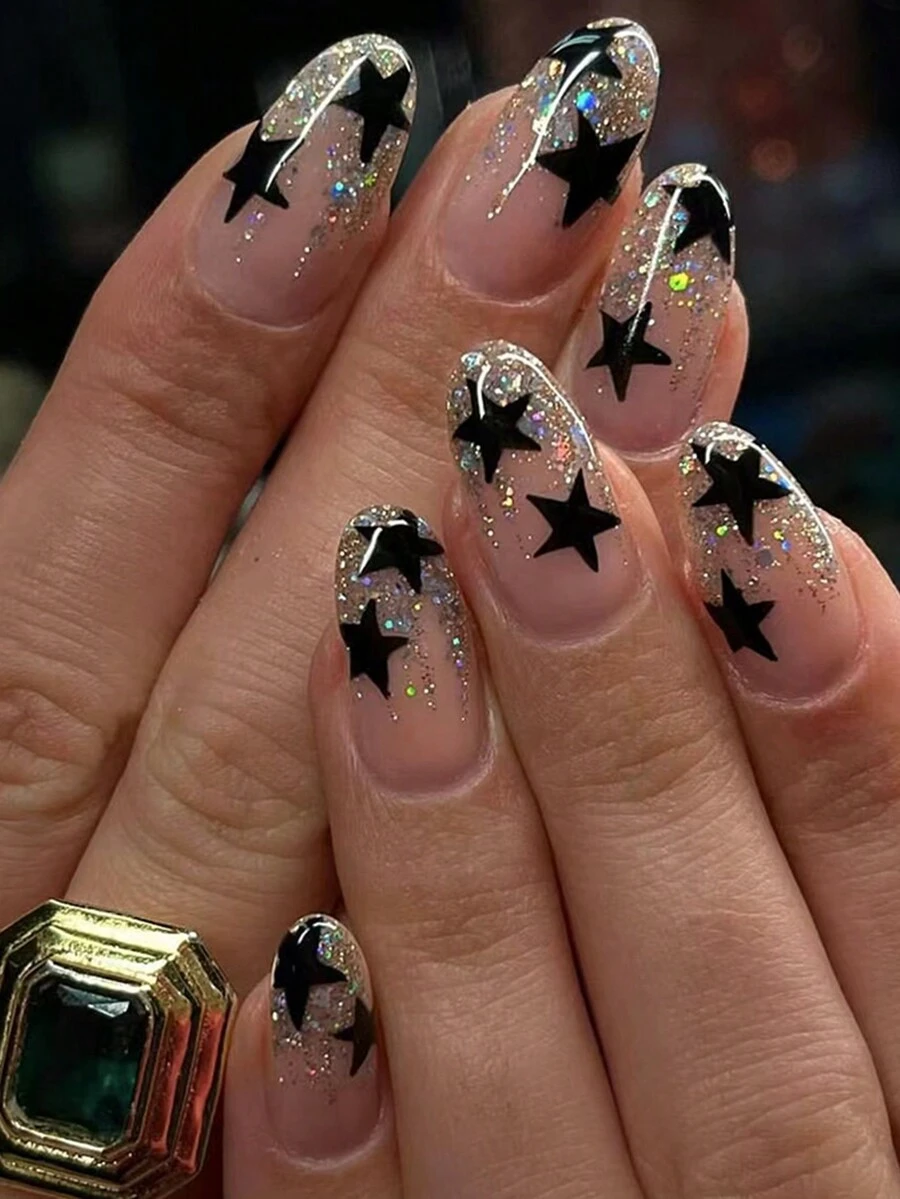 24 szt. Krótkie błyszczące Pentagram brokatowe naklejki do paznokci w kształcie migdałów, luksusowe akcesoria do manicure, do żelowego lakieru do paznokci - Czarne - Zobacz 1
