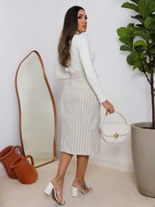 Midi Skirt With Belt And Pockets With Slit In Striped Linen Evangelical Fashion - 米色 - 查看 2
