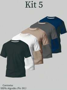 Kit 5 Plain Basic T-Shirt 100% Cotton Thread 30.1 Men's Unisex Breathable Reinforced Costume Fast Shipping!! - 黑色 - 查看 1