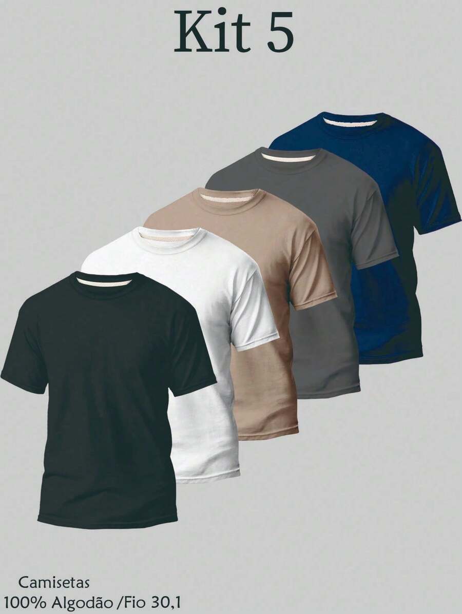 Kit 5 Plain Basic T-Shirt 100% Cotton Thread 30.1 Men's Unisex Breathable Reinforced Costume Fast Shipping!! - 黑色 - 查看 1