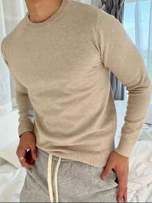 Men's Knitted Sweater Coat Cold-Weather Blouse Round Collar Long Sleeve Wool Blouse - 杏色 - 查看 2