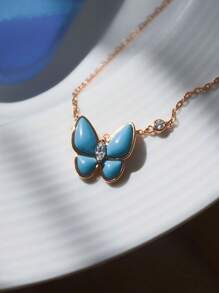 1件 藍色蝴蝶人造綠松石蝴蝶項鍊，極簡法式復古飾品，適合女性日常佩戴 - 藍色 - 查看 1