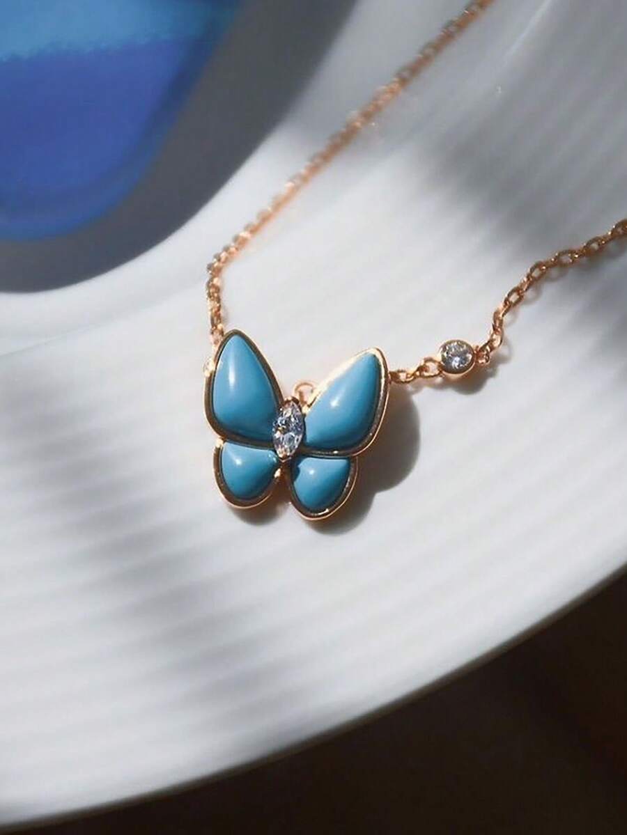 1件 藍色蝴蝶人造綠松石蝴蝶項鍊，極簡法式復古飾品，適合女性日常佩戴 - 藍色 - 查看 1