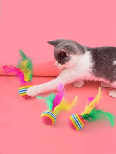 1pc-6pcs Cat Toys Interactive Rainbow Ball With Feathers