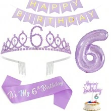 Un set de regalo de cumpleaños de 6 piezas para mujeres de 4, 5, 6, 7, 8, 9 y 10 años, que incluye una corona de cumpleaños, un cinturón, un adorno para tarta, velas de cumpleaños, globos de papel de aluminio y una pancarta de "Feliz Cumpleaños". Decoraciones de cumpleaños para damas, suministros para fiestas de cumpleaños (Púrpura) - Morado - Ver 13
