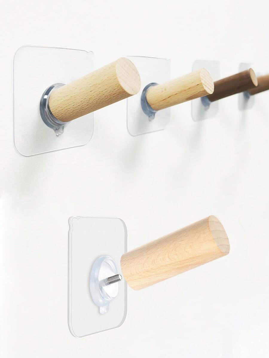 meike 2pcs Wood Cylindrical Wall Hooks, No Screws Needed, Self-Adhesive, Angled Design For Hanging Clothes/Bags, Holds Up To 8.8 Lbs, Suitable For Bedroom, Kitchen, Living Room