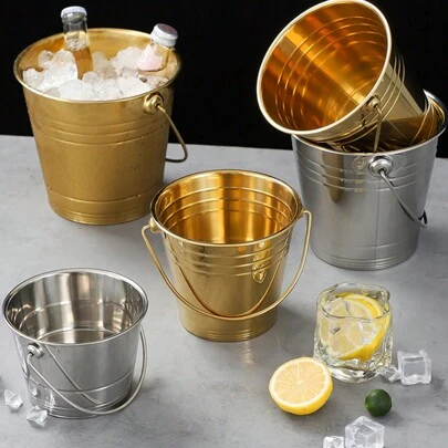 1 pieza Cubo de hielo portátil de acero inoxidable dorado - Accesorio de almacenamiento de bebidas para barbacoa y fiestas al aire libre, Verano, Conjuntos de verano