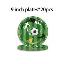 绿色足球主题派对用品套装，包括纸盘、纸杯、纸巾，非常适合生日派对、圣诞派对、家庭聚会， - 彩色 - 查看 5