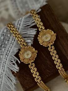 法式金色復古山茶花女表1只，精美優雅時尚女款防水石英手表，適合日常佩戴，派對和度假，裝飾您的手腕 - 金色 - 查看 5