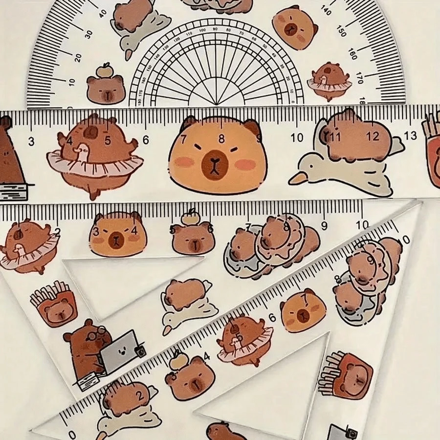 4 piezas/un set, regla transparente de plástico con forma de capibara, un set de regla de prueba de dibujo de cuatro piezas, tablero de regla triangular transparente de plástico, útiles escolares, longitud 16/ancho 8/altura 1 - kapibala - Ver 1