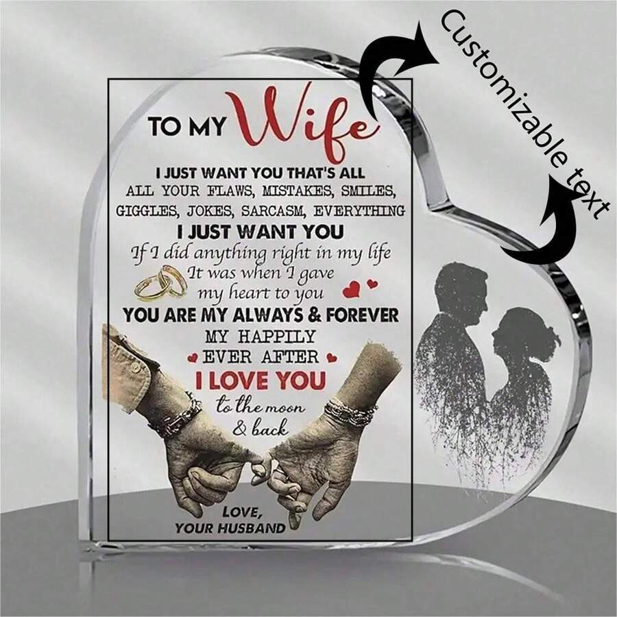 1pc CustomizedTo My Wife Heart Shaped Acrylic Plaque Desktop Home Decor, I Love You Romantic Gift Acrylic Keepsake Ornament For Living Room, Bedroom, Office Gifts Birthday Graduation