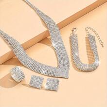 1pc Necklace, 1pair Earrings, 1pc Bracelet, 1pc Ring - Luxury Rhinestone Clawset Necklace, Earrings, Bracelet, Ring Bridal Jewelry Set - Silver - View 3