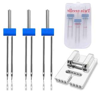 1-2 Sets de Doblete Elástico, Prensatelas de Máquina de Coser, y Kit de Aguja Gemela para Máquina de Coser, Enhebrador de Aguja de Máquina de Coser, Compatible con Brother, Singer para Máquinas de Coser Domésticas, Accesorios y Suministros de Costura (Color del Enhebrador Aleatorio)