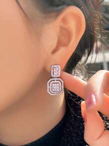 1 Pair No Ear Hole Square Drop Dangle Cubic Zirconia Party Wedding Engagement Clip On Earrings Without Piercing