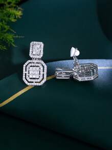 1 Pair No Ear Hole Square Drop Dangle Cubic Zirconia Party Wedding Engagement Clip On Earrings Without Piercing