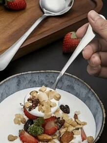 5 piezas Cucharas soperas redondas de acero inoxidable, cucharas para comer, cuenco profundo, diseño lindo, uso doméstico - Plateado - Ver 6