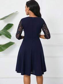 Women Contrast Lace Plain Color A-Line Dress, Elegant 3/4 Sleeve Dress