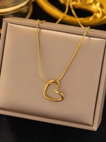 1 paquet Pendentif courbé en forme de cœur creux doré ou argenté à la mode en acier inoxydable. Cadeau de bijoux pour femmes avec chaîne en forme d'os de serpent. Saint-Valentin