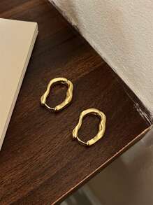 1 对简约合金金属几何 U 形开口椭圆形环状耳环，适合女士日常佩戴 - 1852金黃色 - 查看 3