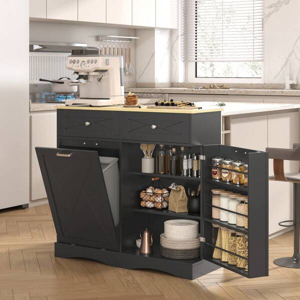 12 Gallon Tilt Out Trash Can Cabinet With Drawers, Kitchen Island With Trash Can Storage, Kitchen Pantry With Trash Cabinet, Tilt Out Laundry Hamper Cabinet, Multi-Function Storage Cabinet For Home Use