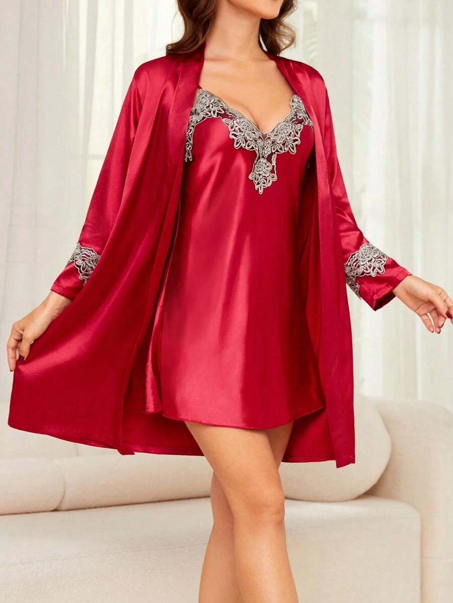 2 件套女士蕾丝边性感吊带睡衣和浴袍睡衣套装 - 酒紅色 - 查看 1