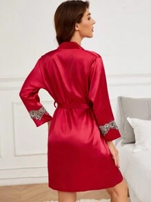 2 件套女士蕾丝边性感吊带睡衣和浴袍睡衣套装 - 酒紅色 - 查看 2