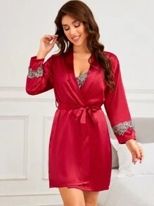 2 件套女士蕾丝边性感吊带睡衣和浴袍睡衣套装 - 酒紅色 - 查看 6