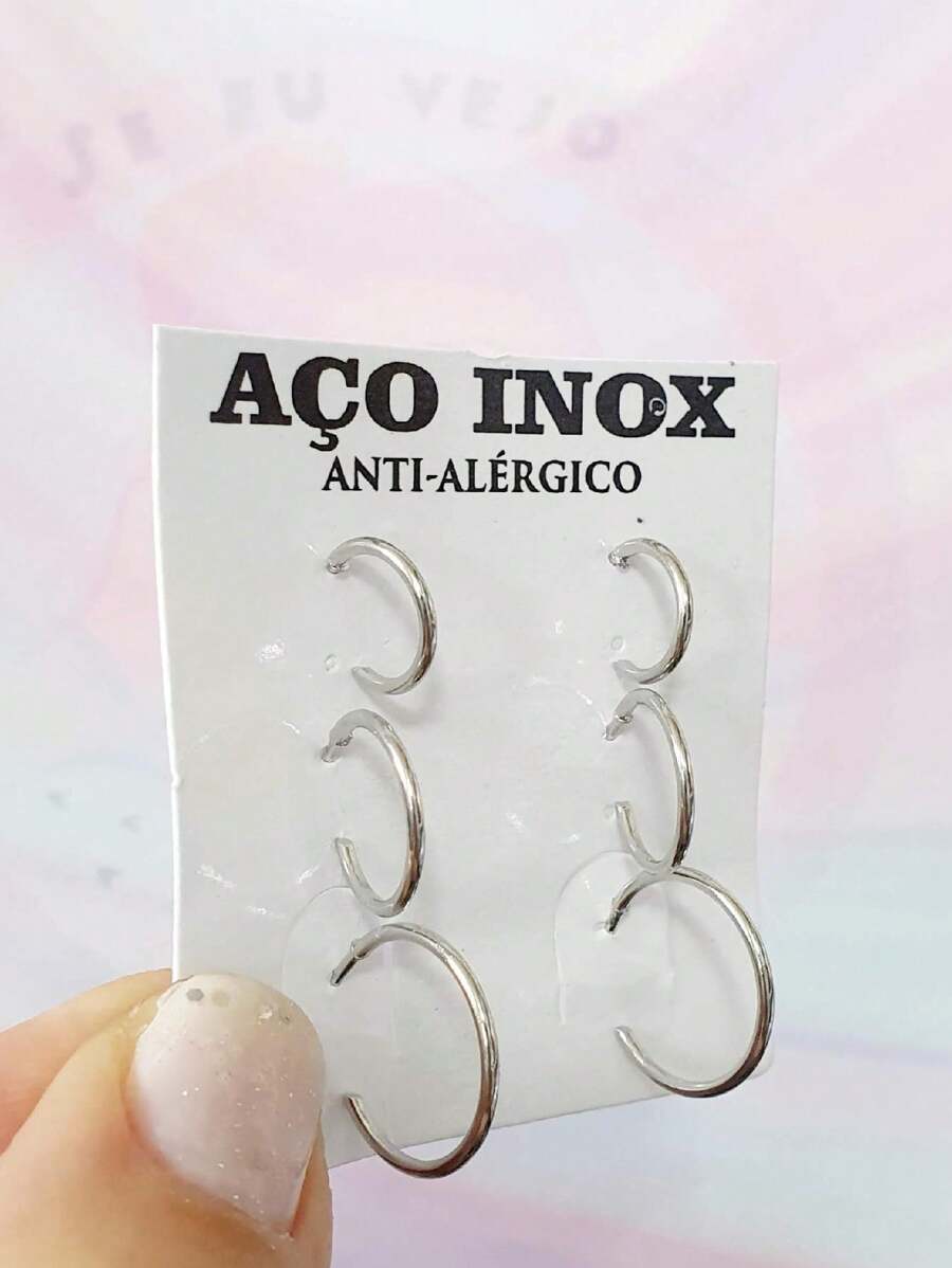 Earring 3 Pairs Surgical Stainless Steel Hoop Earrings Women Men Trio Earring Hoop Earrings - 銀色 - 查看 1