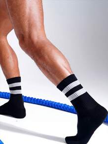 1/2/6/8 双装男士黑白条纹运动袜，中筒/船袜长度，男女皆宜 - 黑與白 - 查看 4