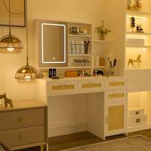 Makeup Vanity With Lights In 3 Colors & Openable Mirror, Vanity Desk With 4 Drawers & 1 Cabinets & Shelves, Vanity Table Rattan Vanity Dresser, For Bedroom.Mo-Autos