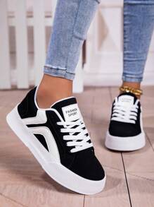 秋冬女士休闲运动鞋，系带软底厚底滑板鞋，百搭低帮舒适鞋 - 黑與白 - 查看 4