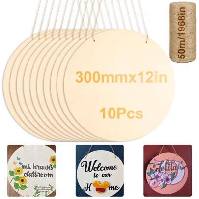 2/5/10 件 12 英寸木质圆形工艺品，带绳未完成木质空白木门挂牌，DIY 木质圆形工艺品，可用于项目、木材燃烧、绘画、情人节装饰 DIY 工艺品