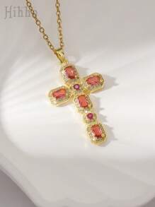 Hihho Colar com pingente de cruz da Virgem Maria em zircônia colorida estilo europeu, 1 peça, adequado para uso diário feminino, festas, reuniões, melhor presente para amigos, joias elegantes e versáteis, acessório de design exclusivo para presente