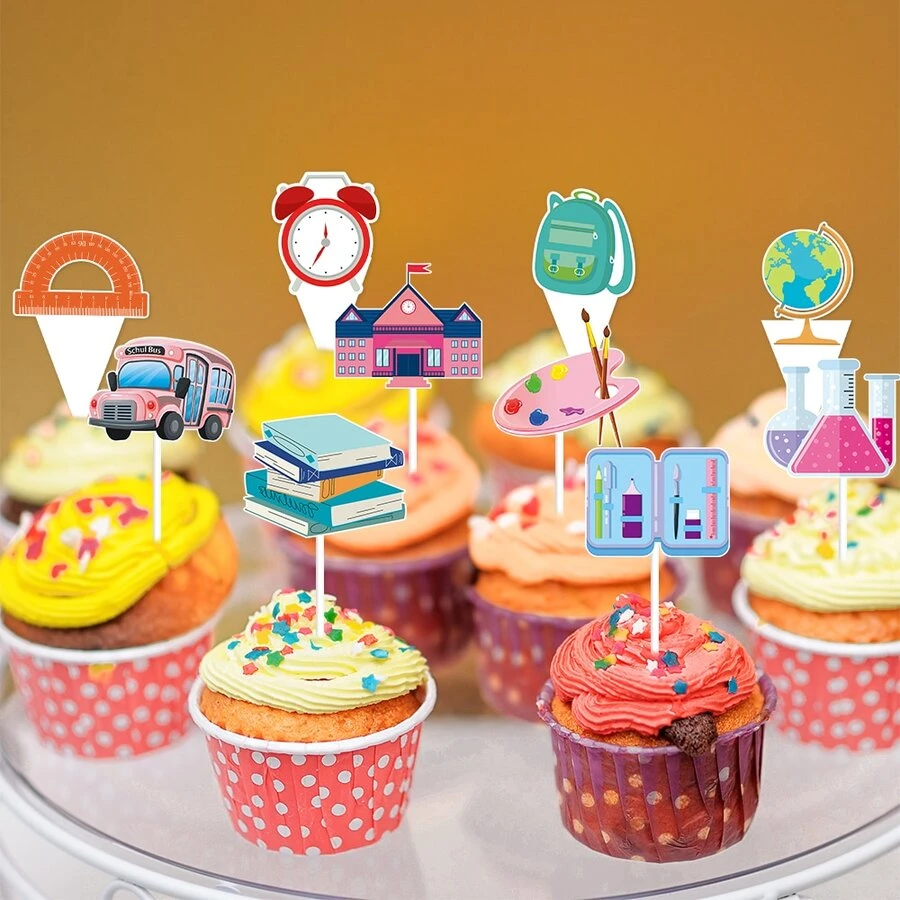 12 PIEZAS Decoraciones de toppers de cupcakes de Bienvenida de regreso para decoraciones de fiesta de inicio de clases - Multicolor - Ver 1