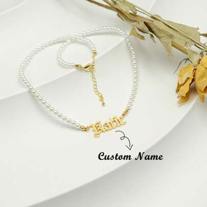 Personalized Old English Name Necklace With Pearl Chain,Gold Gothic Necklace For Woman,Mothers Necklace,Moms Jewelry,Handmade Gift For Mom