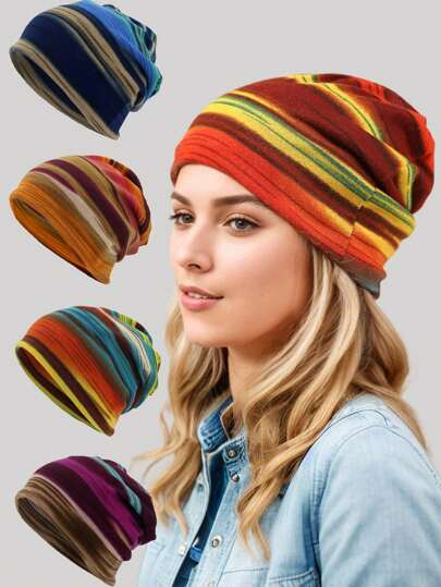 1Pc Unisex Multicolored Knit Striped Beanie For Autumn Winter