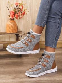 Women's Outdoor Colorblock Lace-Up Short Flat Casual Boots With Thermal Lined , For Fall & Winter - Grey - View 1