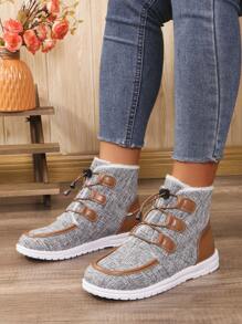 Women's Outdoor Colorblock Lace-Up Short Flat Casual Boots With Thermal Lined , For Fall & Winter - Grey - View 2