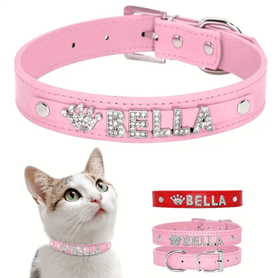 Colar de Couro com Letra de Strass Personalizável para Animais de Estimação, Durável e Resistente, Adequado para Gatos e Cachorros, Ajustável e Portátil, Colar de Animal de Estimação da Moda (Letra Inicial é BELLA, Pode Substituir a Letra se Necessário)