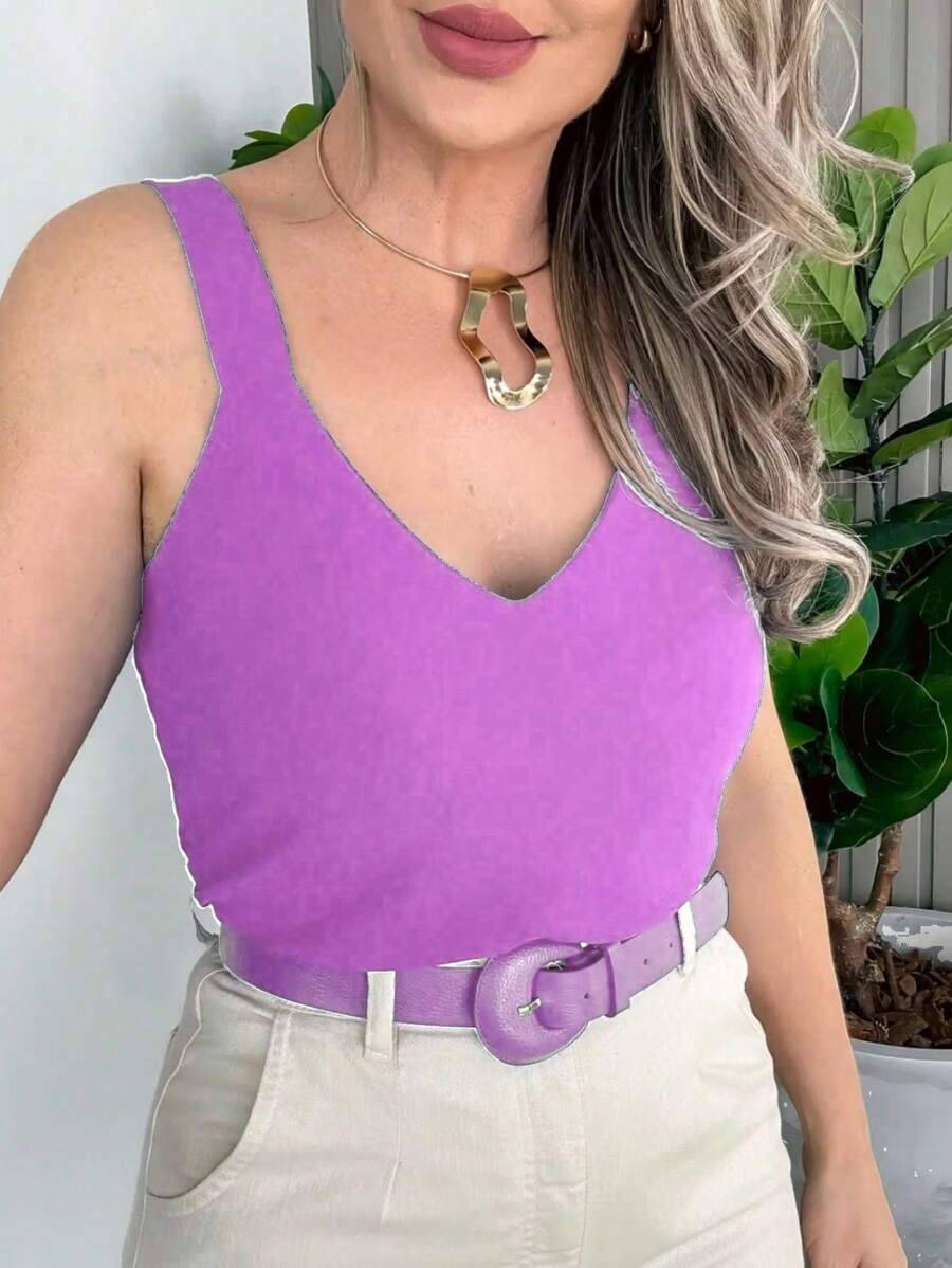 WOMEN'S BLOUSE WITH THICK WIDE STRAPS SIMPLE CASUAL V-NECK TANK BASIC - Mauve Purple - View 1