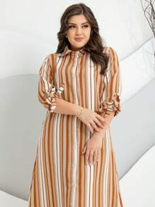 Striped Tailored Chemise Dress With Buttons S To GG - لون برتقالي - مشاهدة 3